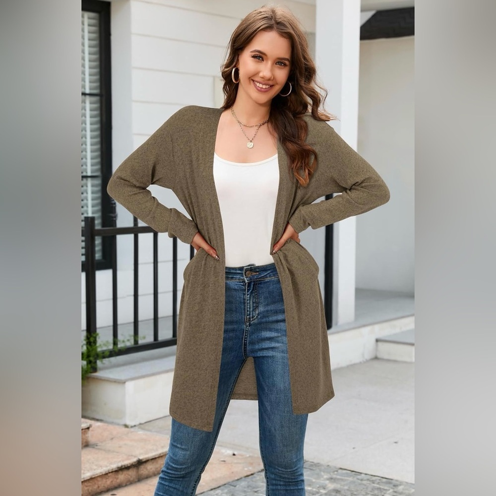 Ouges Women's Open Front Cardigan Shirt With Pockets Long Sleeve Lightweight